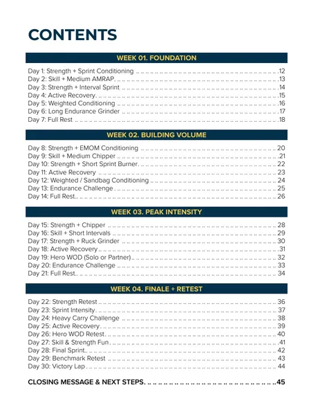 Guide page: Contents — all 30 days at a glance